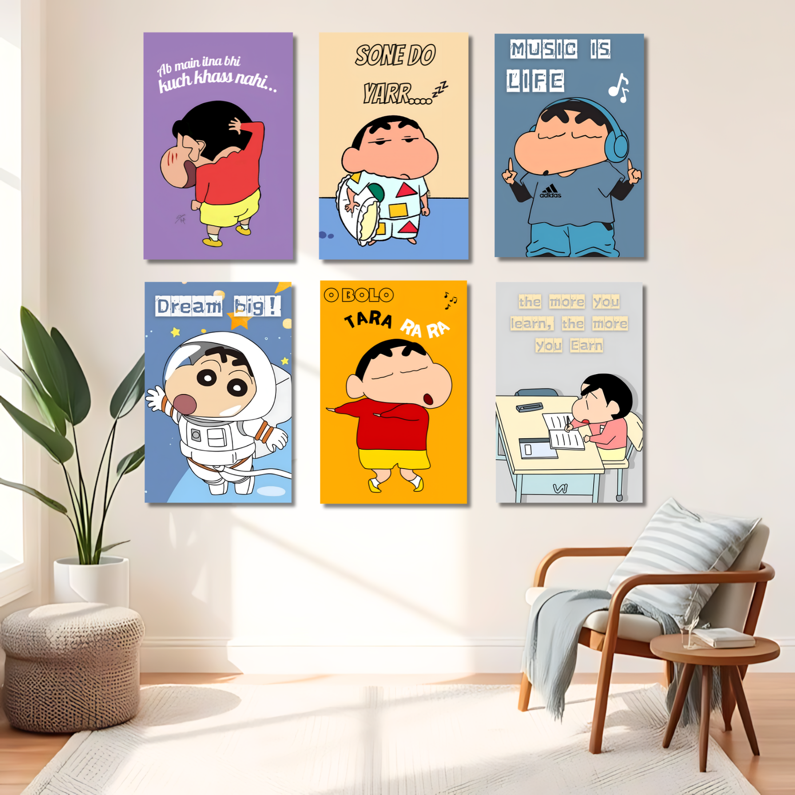 Shinchan Poster Set of 6 | 12x18 Inch Premium HD Wall Posters | Vibrant High-Quality Prints | Includes Free Glue Dots